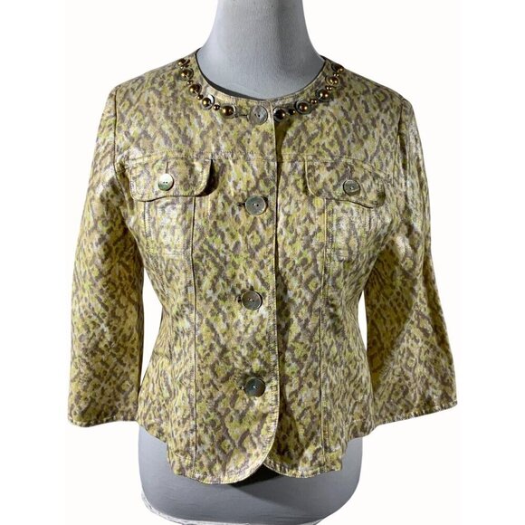 Ruby Rd Petite Tan Animal Print Quarter Sleeve Embellished Linen Blend Top 10P - Picture 1 of 7